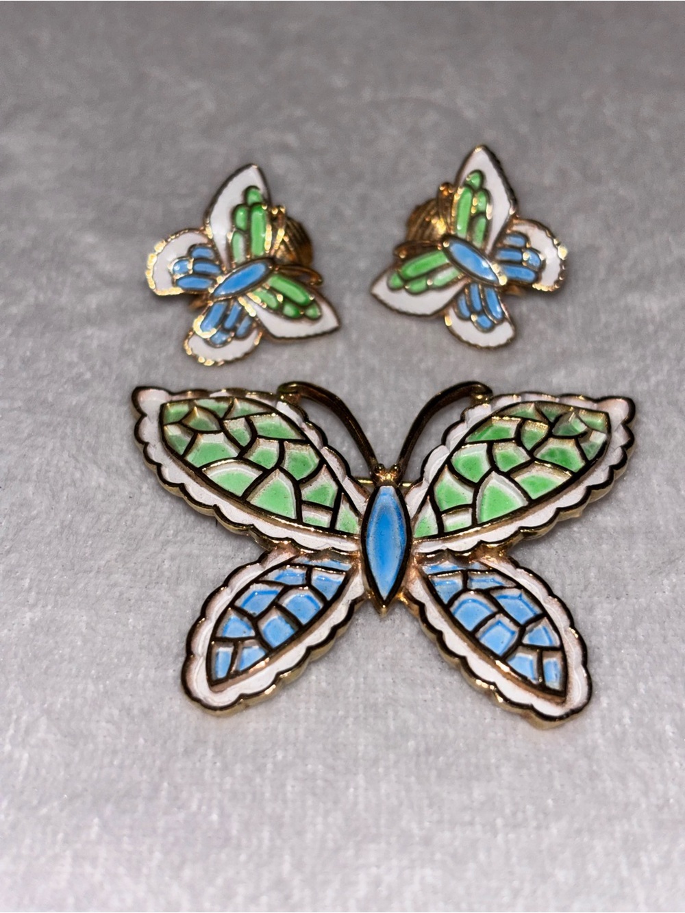 Vintage JJ Signed Butterfly Brooch & Earring Set Blue Green Enamel